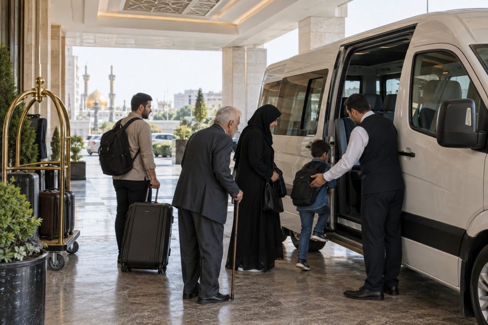 سوار شدن خانواده به سرویس هتل مشهد