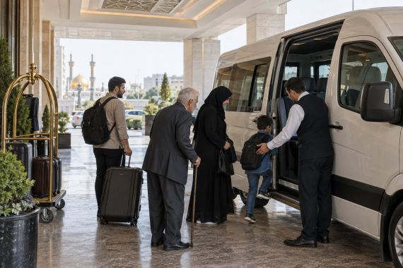 سوار شدن خانواده به سرویس هتل مشهد